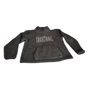 Bebe Black‎ Faux Shearling Quarter Zip Logo Embroidered Sweater Womens Sz M Boho